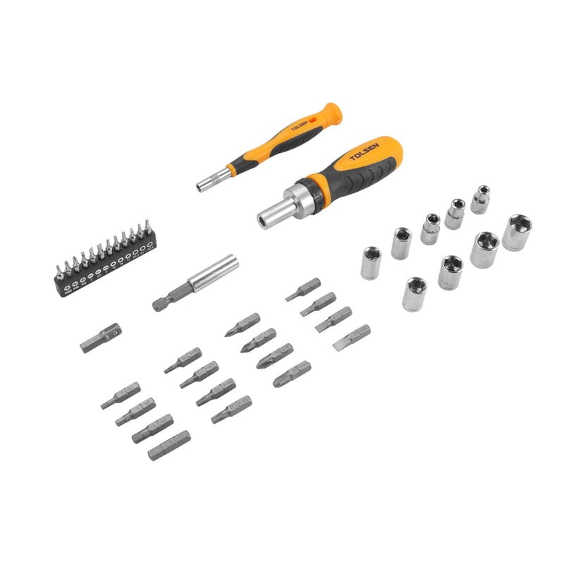 Full contents of Tolsen 42pcs set including large ratchet driver, precision handle, extension bar, metric sockets, and various screwdriver bits