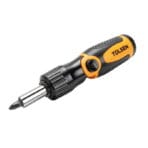 Close-up of Tolsen 14 in 1 screwdriver featuring ratcheting collar mechanism and magnetic shaft