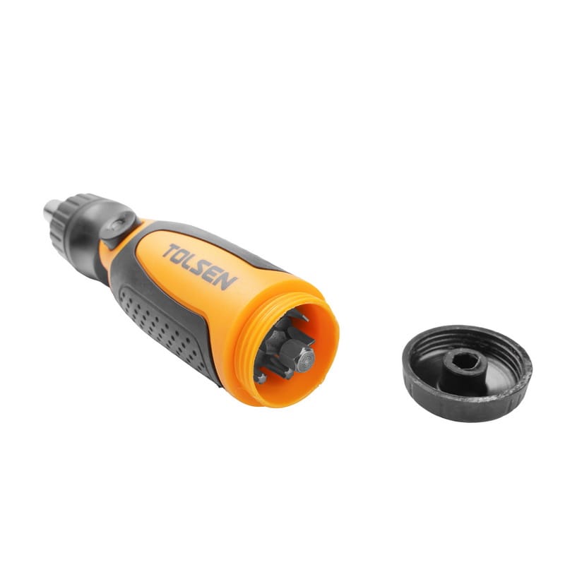 Rear view of Tolsen ratchet screwdriver showing open handle cap and internal bit storage compartment