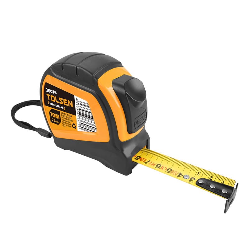 Extra long 10 meter Tolsen Industrial measuring tape showing the extended blade, ergonomic rubber grip, and lock mechanism.