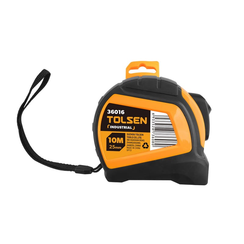 The 10m Tolsen Industrial measuring tape showing the side label and attached orange retail display hanger.