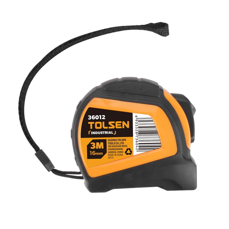 Side profile of the 3m Tolsen Industrial measuring tape, displaying the product label, black rubber casing, and wrist strap.