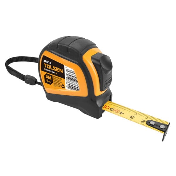 Angled view of Tolsen Industrial 3m measuring tape with the yellow blade extended, showing the prominent top press lock button.