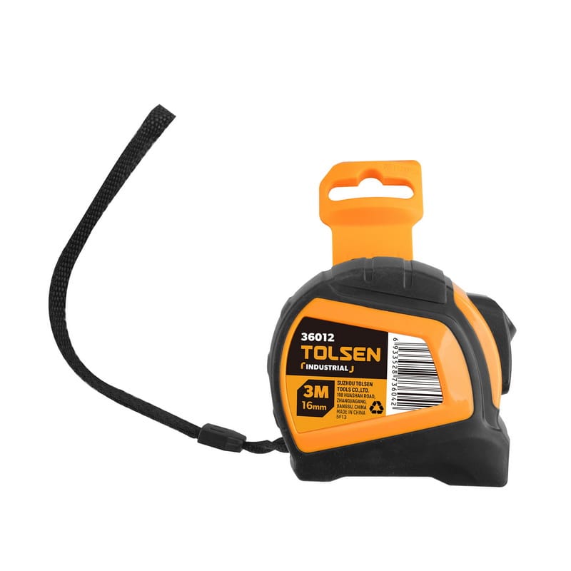 Tolsen Industrial 3m measuring tape featuring an orange plastic retail peg hook hanger attached to the top.