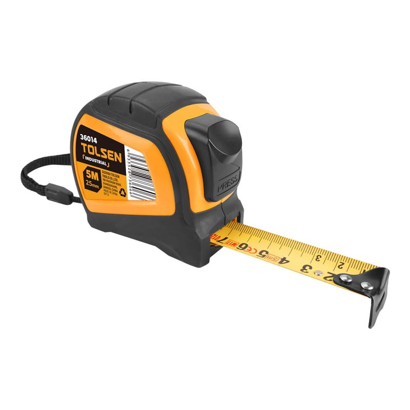 Tolsen 5 meter Industrial measuring tape with blade extended, featuring an orange and black impact-resistant case.