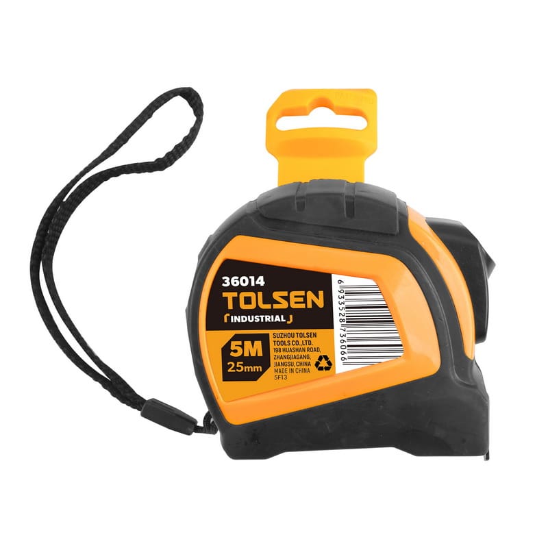 5 meter Tolsen Industrial measuring tape displayed with its integrated orange plastic retail hanging tab.