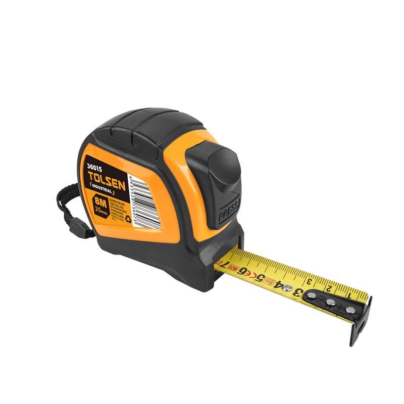 Heavy-duty 8 meter Tolsen Industrial measuring tape with the yellow metric blade pulled out, showing the top press button.