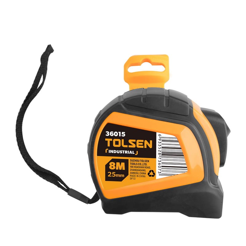 Tolsen Industrial 8m measuring tape in its retail-ready format with an orange plastic hanging hook.