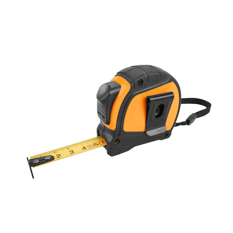 Back angled view of the 3 meter Tolsen measuring tape showing the metal belt clip, top lock button, and extended metric blade.