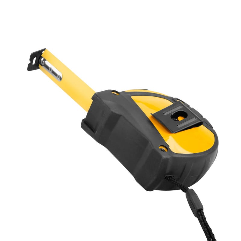 Underside angle of the Tolsen measuring tape showing the extended curved blade, metric markings, and metal end hook.