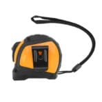 Flat rear view of the Tolsen measuring tape highlighting the sturdy steel belt clip and attached black lanyard.