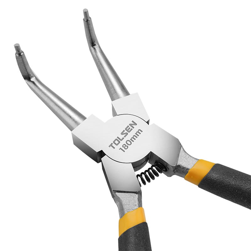 Close-up of Tolsen 7 inch internal bent circlip pliers head, showing pointed tips and spring mechanism