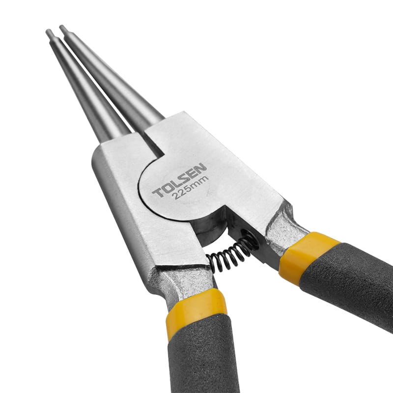 Close-up of Tolsen 9 inch external straight circlip pliers head, showing pointed tips and spring mechanism