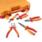 Tolsen 15Pcs Insulated Hand Tools Set including insulated pliers, wire stripper, and knife next to case