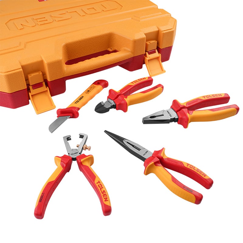 Tolsen 15Pcs Insulated Hand Tools Set including insulated pliers, wire stripper, and knife next to case