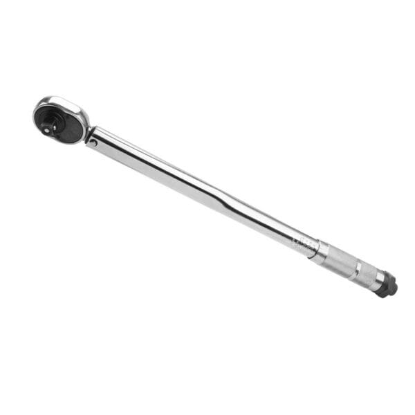 Full view of Tolsen 1/2 inch drive automatic torque wrench with knurled steel handle and chrome finish.
