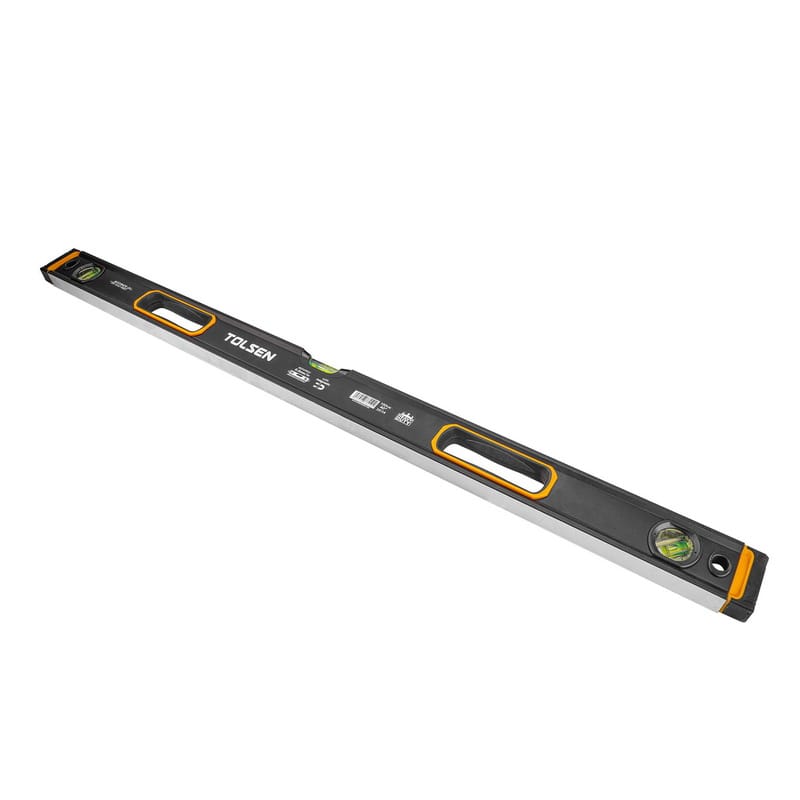 Angled perspective view of the TOLSEN magnetic spirit level, highlighting its durable profile and flat milled measuring surface.