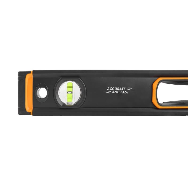 Detail view of the vertical measuring vial and "Accurate and Fast" branding on the TOLSEN spirit level.
