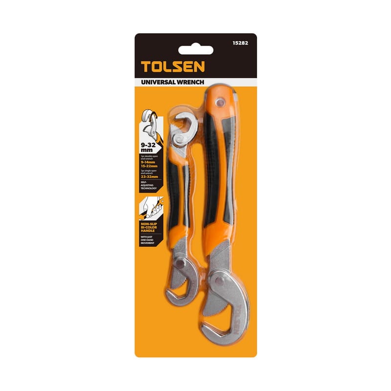 Retail packaging of Tolsen 15282 Universal Wrench Set, featuring self-adjusting technology covering sizes from 9mm to 32mm.