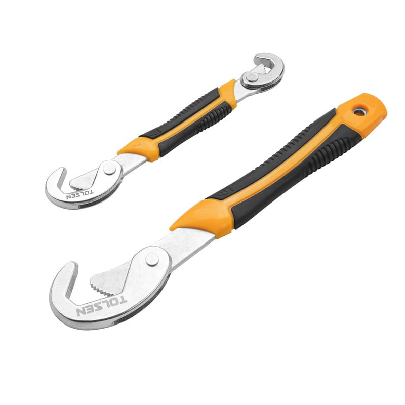 Tolsen 2-piece universal adjustable wrench set with non-slip bi-color handles, capable of gripping various nut and bolt shapes.