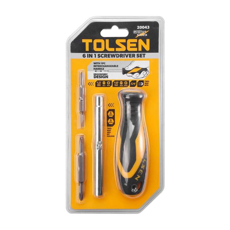 Tolsen 6 in 1 Screwdriver Set in retail blister pack featuring GRIPro ergonomic handle and CrV two-way bits