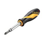 Assembled Tolsen 6 in 1 screwdriver with patented black and yellow ergonomic handle