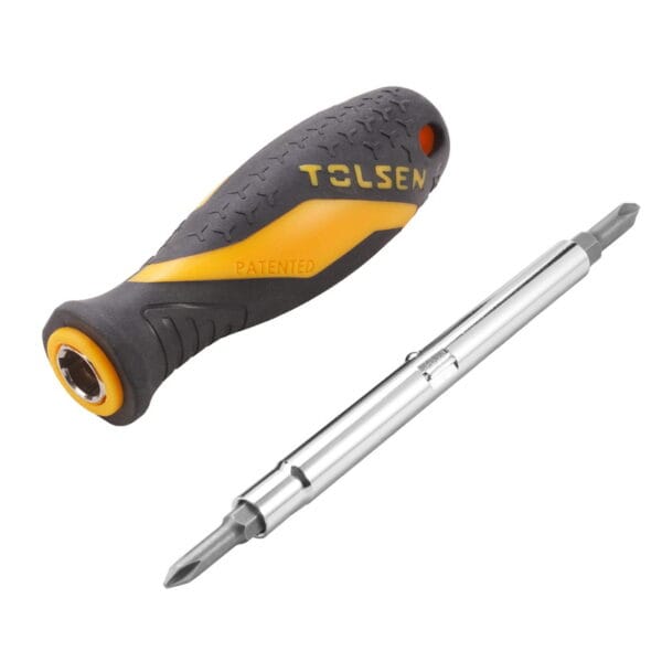 Tolsen screwdriver disassembled showing the reversible chrome plated tube and interchangeable double-ended bit mechanism