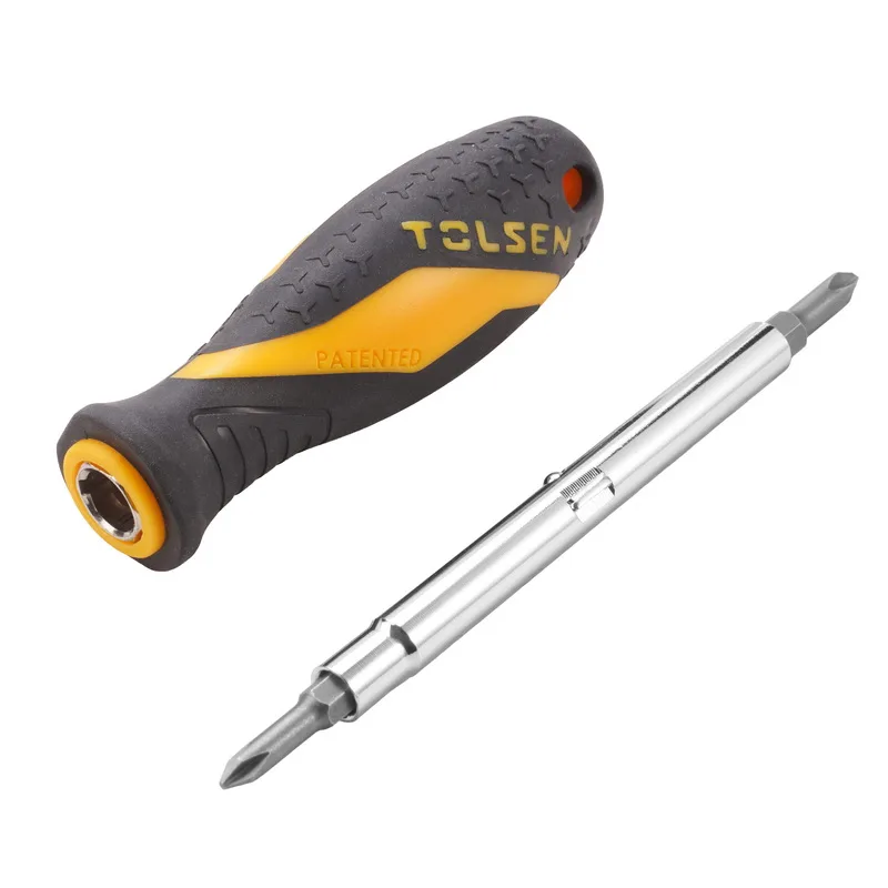 Tolsen screwdriver disassembled showing the reversible chrome plated tube and interchangeable double-ended bit mechanism
