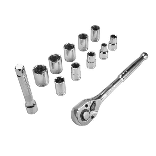 TOLSEN 12pcs 1/2″ Ratchet Handle with Sockets Set - Complete heavy-duty tool kit including extension bar and 10 sockets.