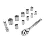 TOLSEN 12pcs 3/8″ Ratchet Handle with Sockets Set - Full kit layout including extension bar and 10 metric sockets.