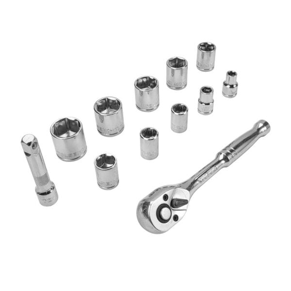 TOLSEN 12pcs 3/8″ Ratchet Handle with Sockets Set - Full kit layout including extension bar and 10 metric sockets.