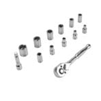 TOLSEN 13pcs 1/4″ Ratchet Handle with Sockets Set - Complete kit layout including ratchet, extension bar, and various metric sockets.