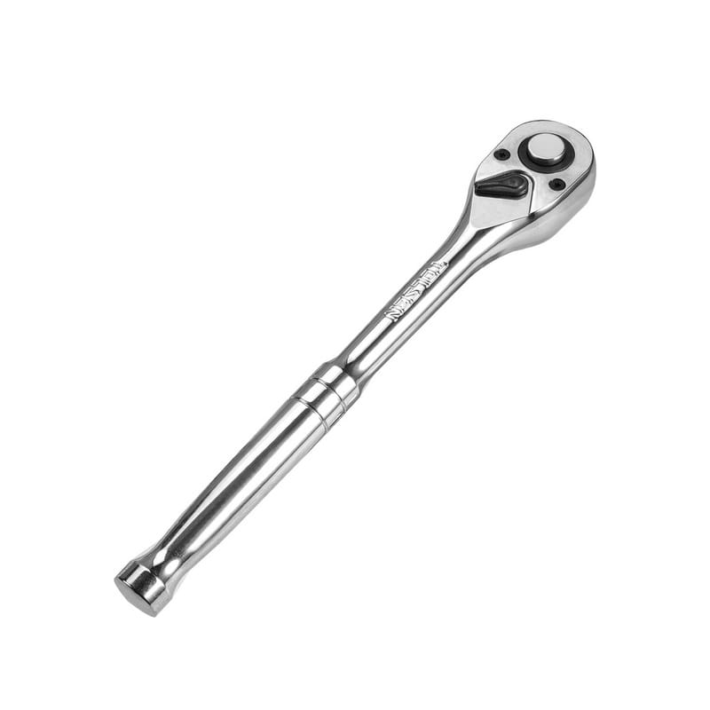 Back view of TOLSEN 1/2″ Reversible Ratchet Handle showing the quick-release button and reverse switch mechanism.