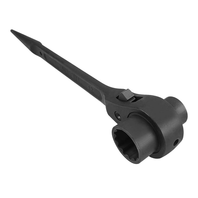 Angled view of a Tolsen scaffold wrench, showing the ratcheting head and tapered end