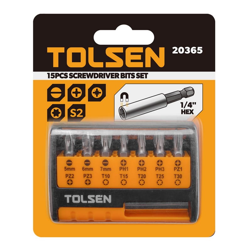 Tolsen 20365 15pcs screwdriver bits set in retail packaging displaying S2 steel material and 1/4 inch hex specifications.