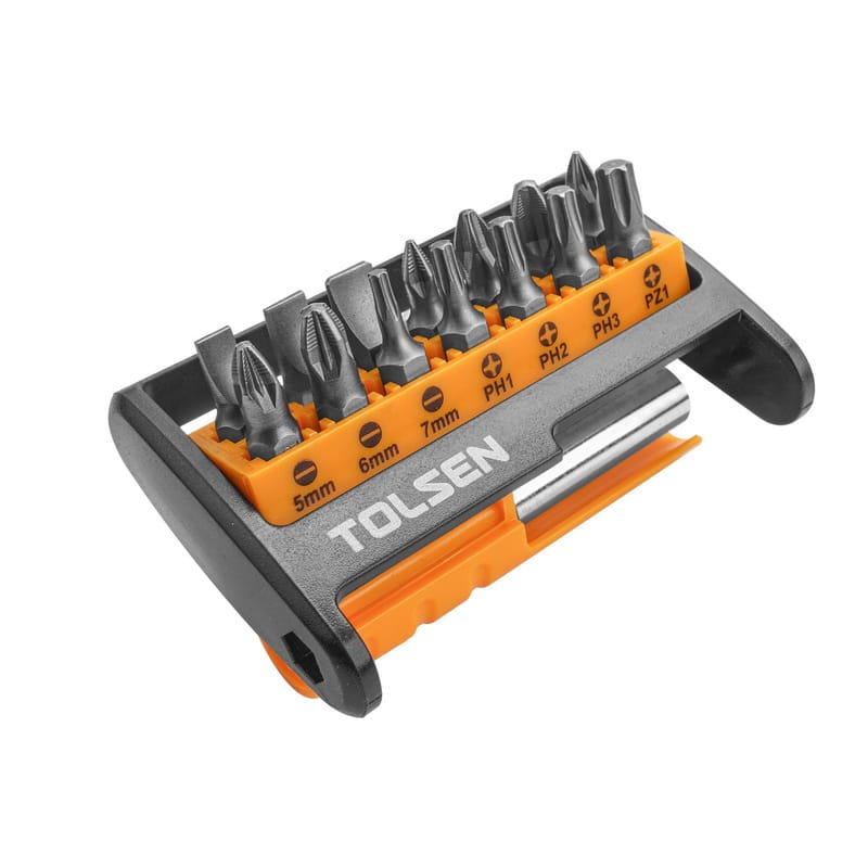 Angled view of Tolsen compact bit case featuring a belt clip design and bottom storage for the magnetic extension bar.