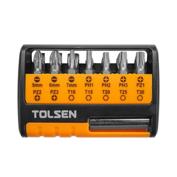 Front view of Tolsen bit set holder showing clearly labeled slots for Slotted, Phillips, Pozidriv, and Torx screwdriver bits.