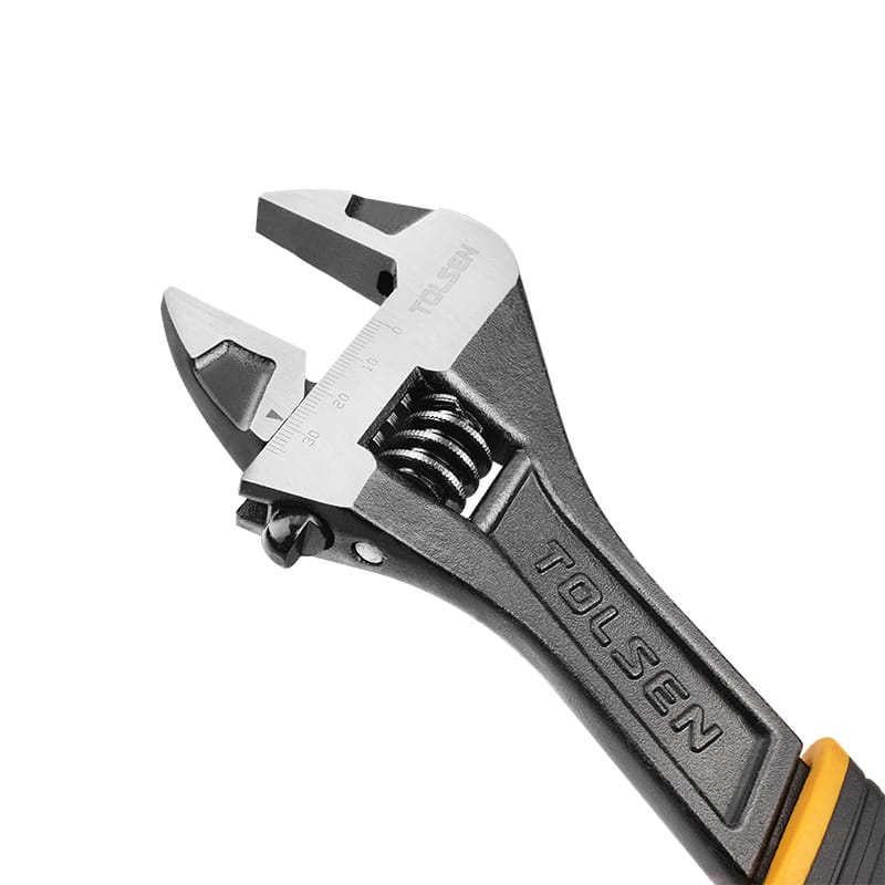 Close-up of the Tolsen 12-inch adjustable wrench, showing the wide-opening jaw and chrome-finished head with measurement scale