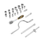 Complete Tolsen 24-piece 1/2" drive socket set layout, including metric hex sockets, ratchet handle, speed handle, and extension bars.