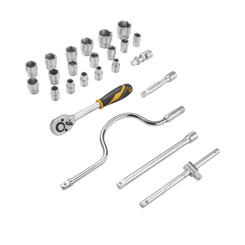 Complete Tolsen 24-piece 1/2" drive socket set layout, including metric hex sockets, ratchet handle, speed handle, and extension bars.