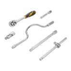 Tolsen socket set drive tools including a quick-release ratchet, speeder handle, sliding T-bar, universal joint, and extension bars.