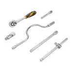 Tolsen socket set drive tools including a quick-release ratchet, speeder handle, sliding T-bar, universal joint, and extension bars.