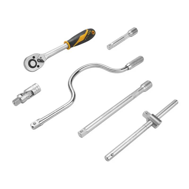 Tolsen socket set drive tools including a quick-release ratchet, speeder handle, sliding T-bar, universal joint, and extension bars.