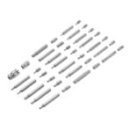 Assortment of TOLSEN screwdriver bits showing both short 30mm and long 75mm lengths in Hex, Torx, and Spline types with socket adapters.