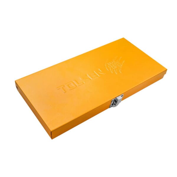 Closed orange metal storage case for TOLSEN 20385 tool set featuring the embossed TOLSEN logo and Bear Claws Line branding.