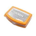 Tolsen 32pcs screwdriver bit set securely packed inside a compact orange plastic storage case with a transparent lid.