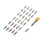 Flat lay arrangement of Tolsen 32pcs set featuring color-coded screwdriver bits, a socket adapter, and a quick-release magnetic bit holder.