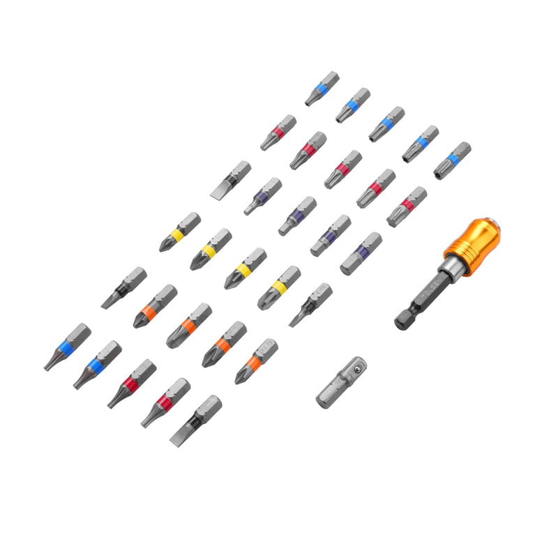 Flat lay arrangement of Tolsen 32pcs set featuring color-coded screwdriver bits, a socket adapter, and a quick-release magnetic bit holder.