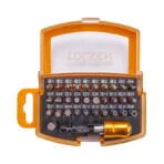 Open view of Tolsen 32pcs bit set showing the internal organizer with clearly labeled size markings and color-coded bits for easy identification.