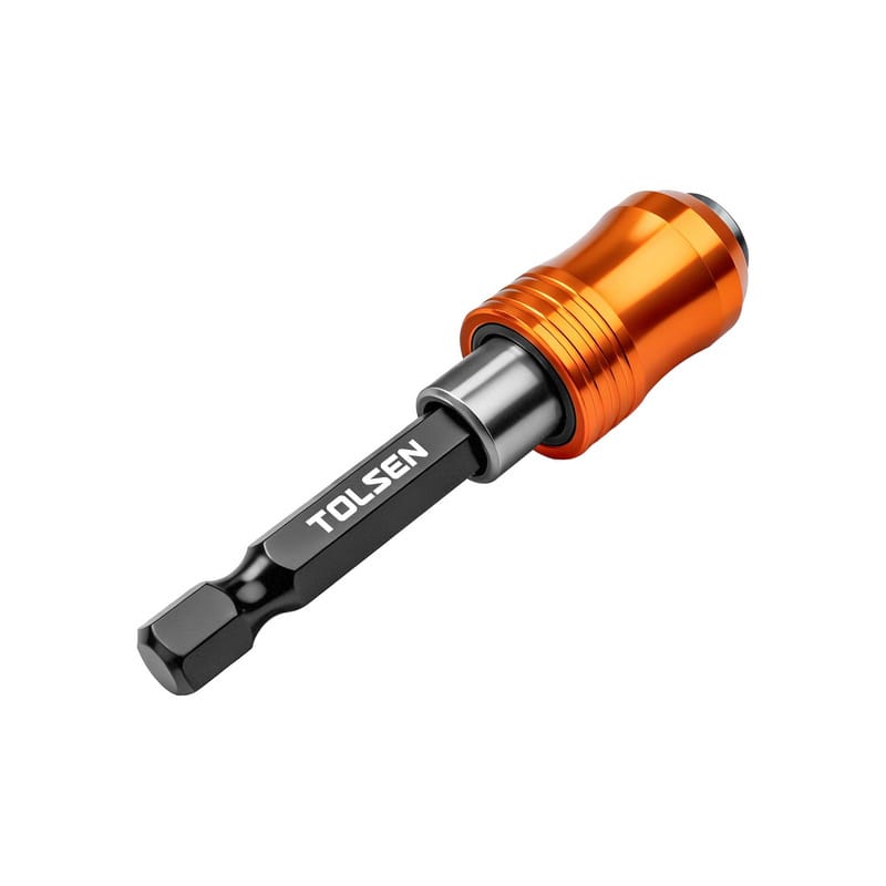 Close-up of the Tolsen quick-release magnetic bit holder featuring a locking mechanism and an orange anodized collar.